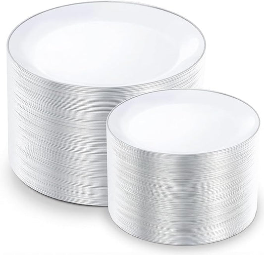 KIRE 200PCS Silver Plastic Plates - White Plastic Plates with Silver Rim Include 100 Dinner Plate and 100 for Dessert/Salad Plate for Birthday/Wedding/Party for Christmas