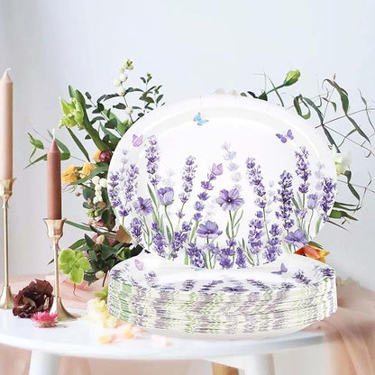 50 Pcs Lavender Oval Paper Plates Large 10" x 12" Spring Purple Lavender Floral Plates Disposable Heavy Duty Butterfly Flower Plates for Wedding Purple Baby Shower Lavender Birthday Party Decorations