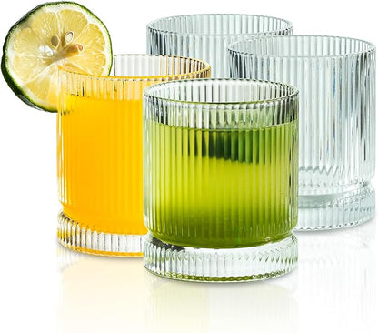 KEMORELA Ribbed Glass Cups Set, 13oz Vintage Drinking Glassware Set of 4 by KEMORELA