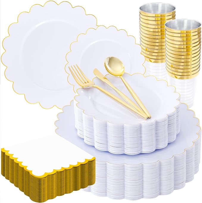 LIYH 210 Pcs Gold Scalloped Plastic Dinnerware Set 30 Guests by LIYHLoveinyourheart