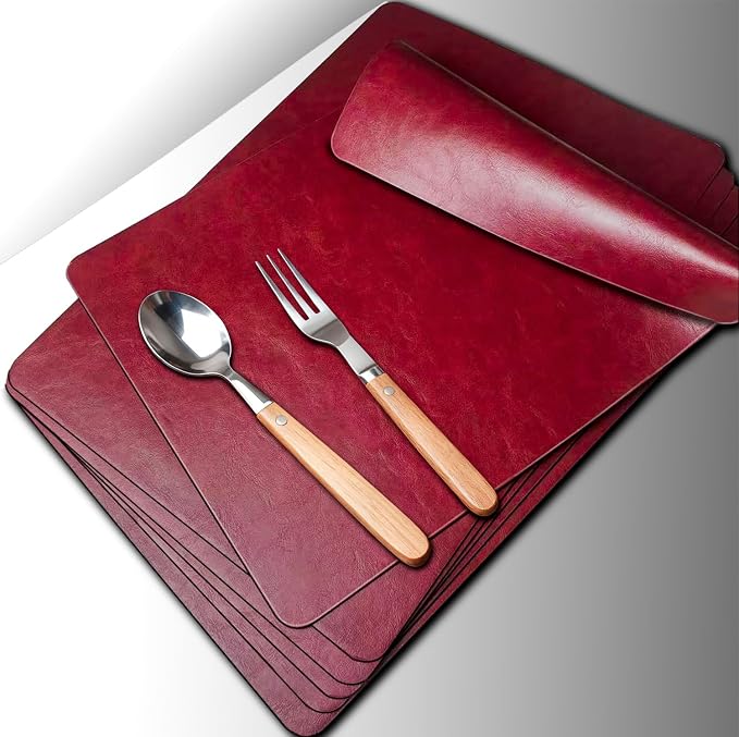 Classic Red Leather Effect Placemats Set of 6, Vinyl Faux Leather Place mats by Unknown