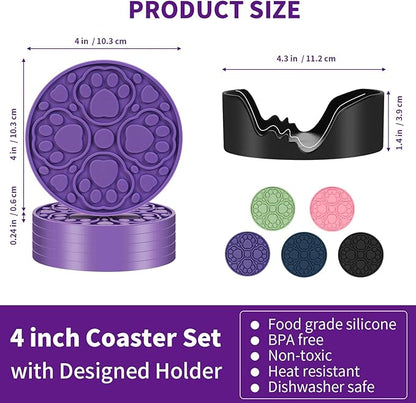 6 Pack Purple Silicone Coffee Coasters with Holder, 4 Inches Non-Slip Decorative Round Coaster for Tabletop, Desk Dishwasher Safe Cup Mat for Bar, Drinks, Beer