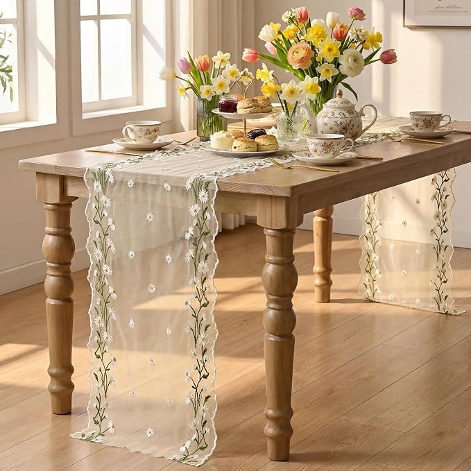Artoid Mode Daisy Floral Beige Apricot Shaped Gauze Embroidery Table Runner 120 - Image 4