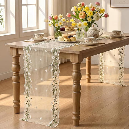 Artoid Mode Daisy Floral Beige Apricot Shaped Gauze Embroidery Table Runner 120 - Image 4