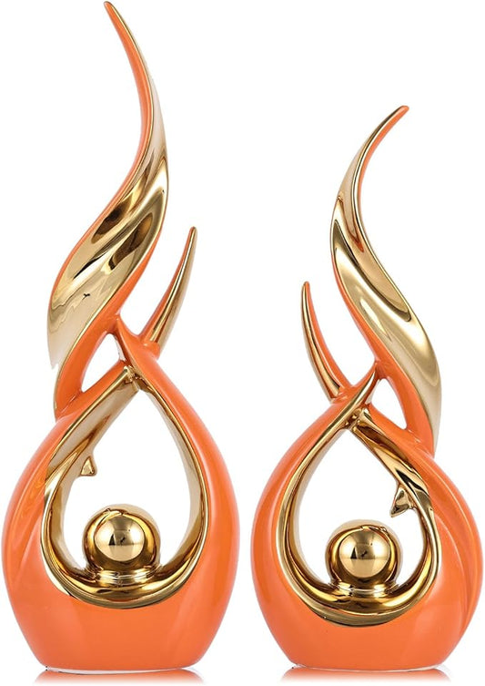 XMGZQ Gold Ceramic Abstract 2 Piece Statue Set,Mid Century Modern Abstract Art Home Decor Statue Mantelpiece on Unique Shelf Decor, TV Cabinet Divider Table top and Dining Table Centerpiece (Orange)