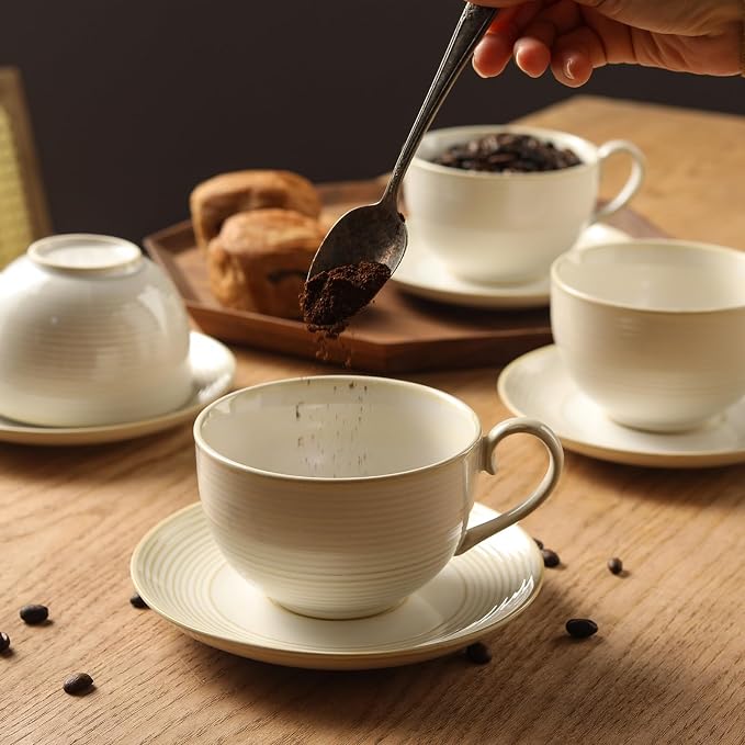 12Oz Coffee Cups with Saucers, Ceramic Espresso Cup Set of 4, Cappuccino Cups - Image 8