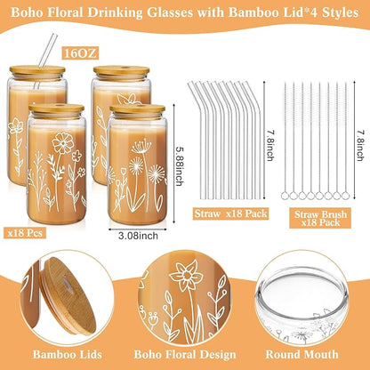 Mumufy 18 Pack Glass Cups Gift Aesthetic Cute Glass Cup Tumbler Flower Iced - Image 2