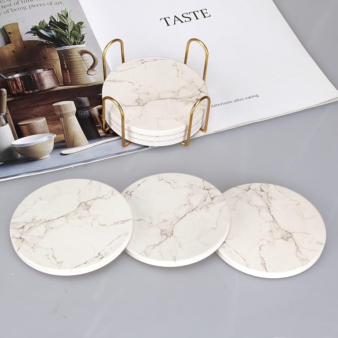 White Marble Coasters Set of 6 Absorbent Ceramic Cute Drink Coaster Holder | - Image 7