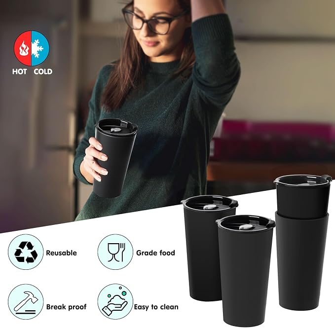 Greentainer 4 Pack Plastic Travel Coffee Mug Set, 20 oz Spill Proof Drinking - Image 3