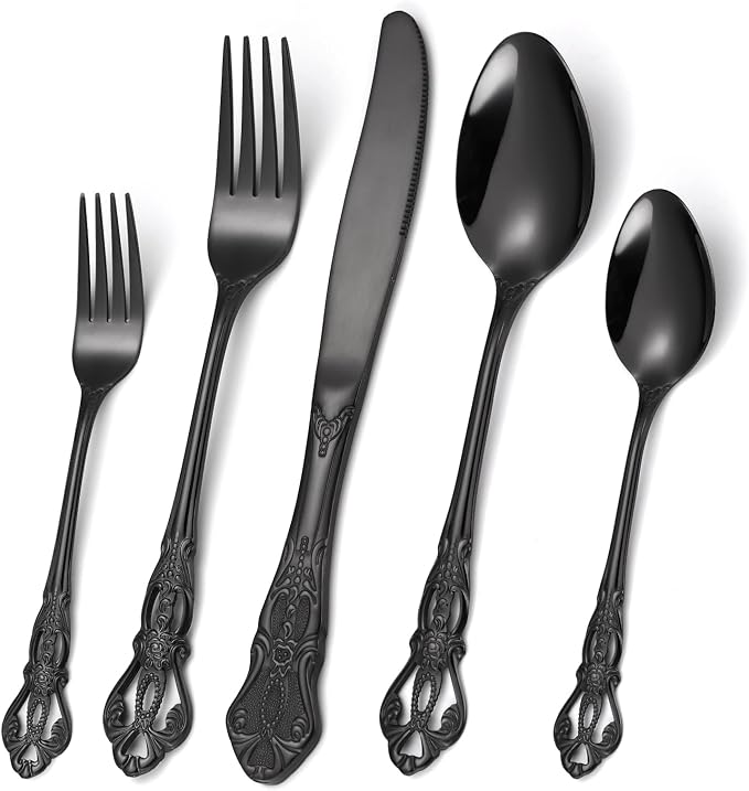 20 Pieces Black Gorgeous Retro Royal Silverware Set by MetalServingUtensils