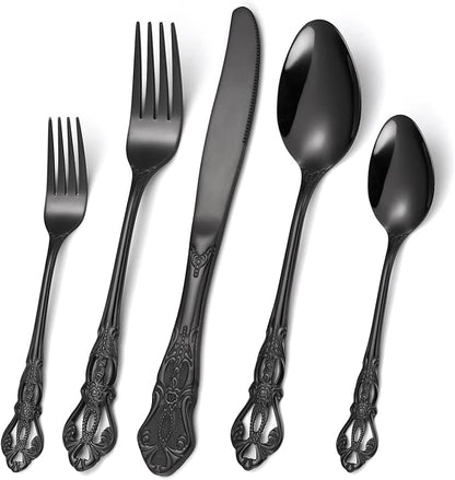 20 Pieces Black Gorgeous Retro Royal Silverware Set by MetalServingUtensils