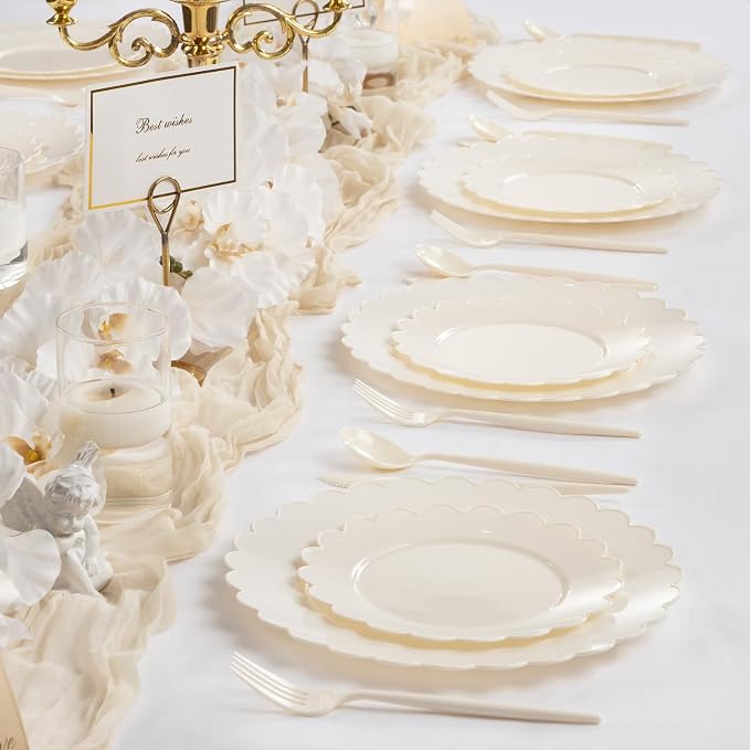 100pcs Ivory Plastic Plates Fancy Scalloped Plates - Image 5