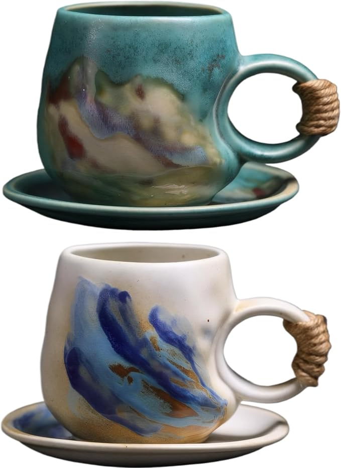 8oz Handmade Ceramic Tea Cup and Saucer set of 2, Small Artisanal Mug by Unknown