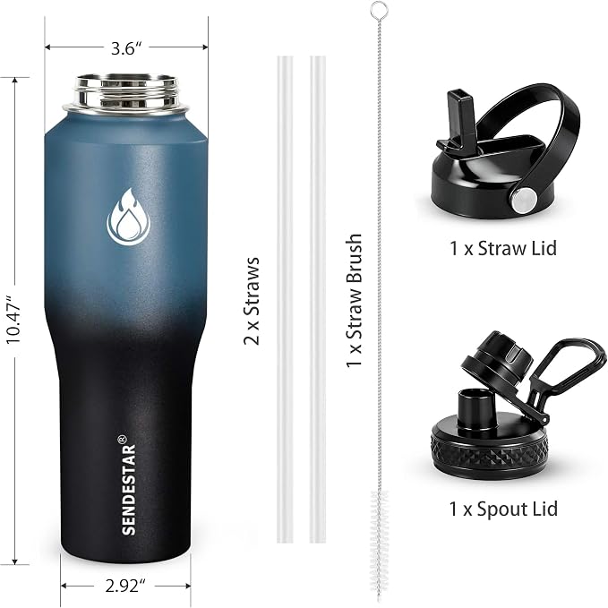 SENDESTAR Water Bottle 32oz, 2 Lids, Wide Mouth Stainless Steel Vacuum - Image 5