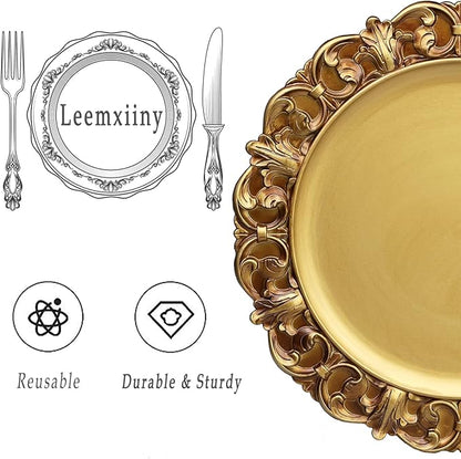13" Antique Gold Charger Plates, Set of 6 Plastic Textured Chargers for Dinner Plates with Embossed Rim, Table Décor, Party, Wedding, Holiday