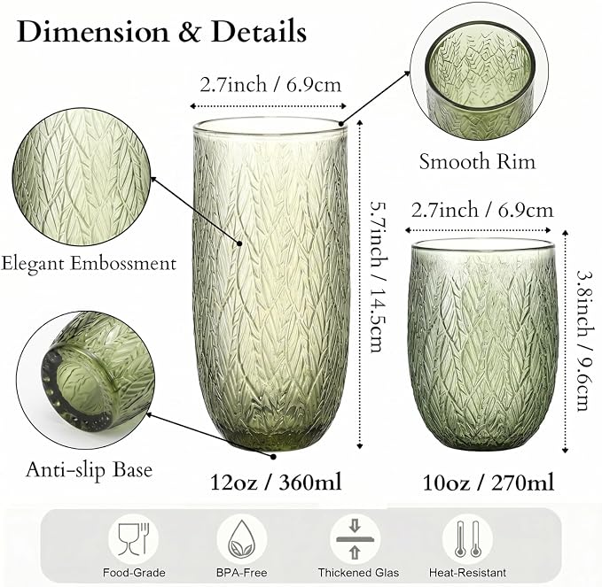 Green Drinking Glasses Set of 12, 12 Oz Highball & 10 Oz Cocktail Glasses - Image 2