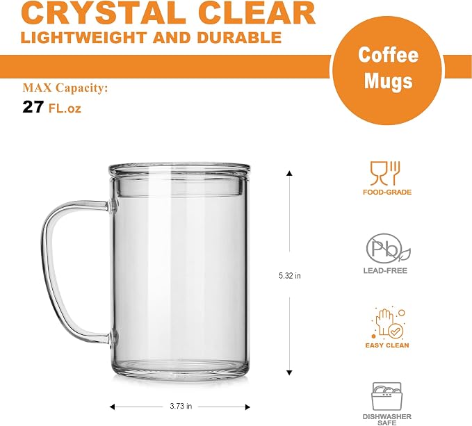 LUXU Glass Coffee Mugs, 27oz Large Glass Coffee Cups Clear Glass Tea Cups - Image 3