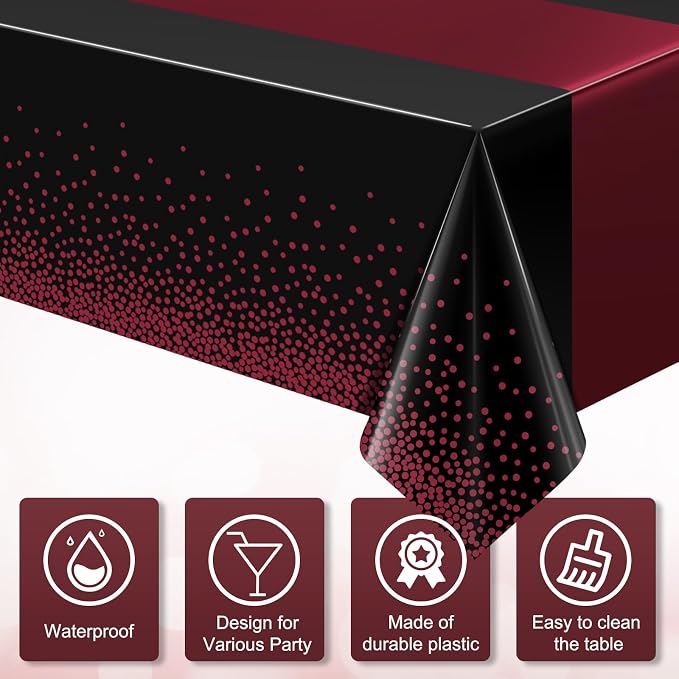 MASHAN 6Pcs Black Maroon Tablecloths, Rectangular Plastic Table Covers - Image 3