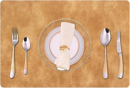 Faux Leather Eco-Friendly Placemats with Rounded Corners Set of 4,Oilproof&Heat-Resistant Place Mats,Waterproof&Stain Resistant Table Mats,Washable Non-Slip for Kitchen-Khaki