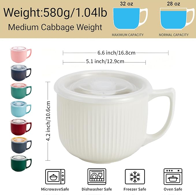 Ceramic Soup Bowl with Handle & Lid, Large 32oz Microwave Ramen Bowl White | - Image 3