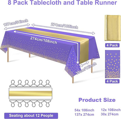 8Pack Disposable Plastic Tablecloths and Satin Table Runner Set Purple and Gold - Image 2