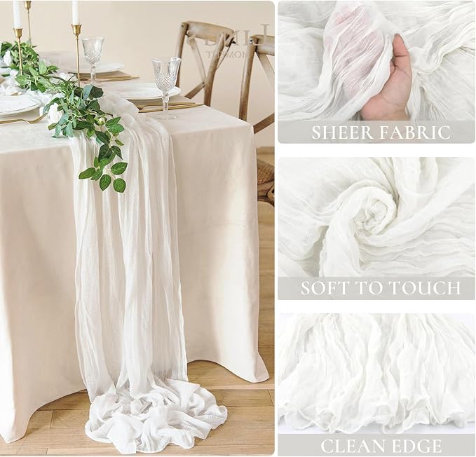 10 Pack White Cheesecloth Table Runner 35x120Inch, 10FT Long Summer Boho Sheer - Image 3