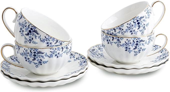 Agyiuns ceramic tea cups and saucers 6oz, floral tea cups by Agyiuns