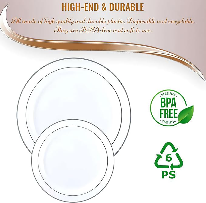 Kaya Elegant Silver & Gold Rim Disposable Pastry Plates - Image 4