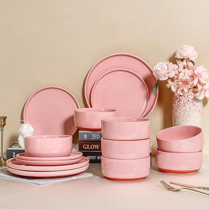 GZG Modern Art Series - 18 Pcs Speckled Stoneware Plates and Bowls Sets, Ceramic Dinnerware Set with Rustic Terracotta Underside, Microwave and Dishwasher Safe Handcrafted Dishes Set - Blush Pink
