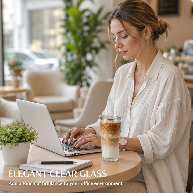 INSETLAN 20oz Ribbed & Floral Glass Tumblers - Image 8