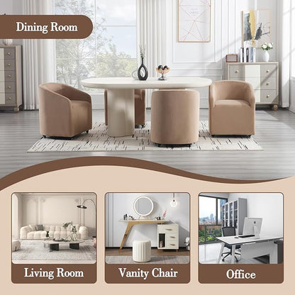 Modern Barrel Dining Chairs with Rolling Casters Set of 4, Upholstered Velvet Swivel Dining Room Chairs with Wheels for Kitchen Living Room Home Office, Khaki