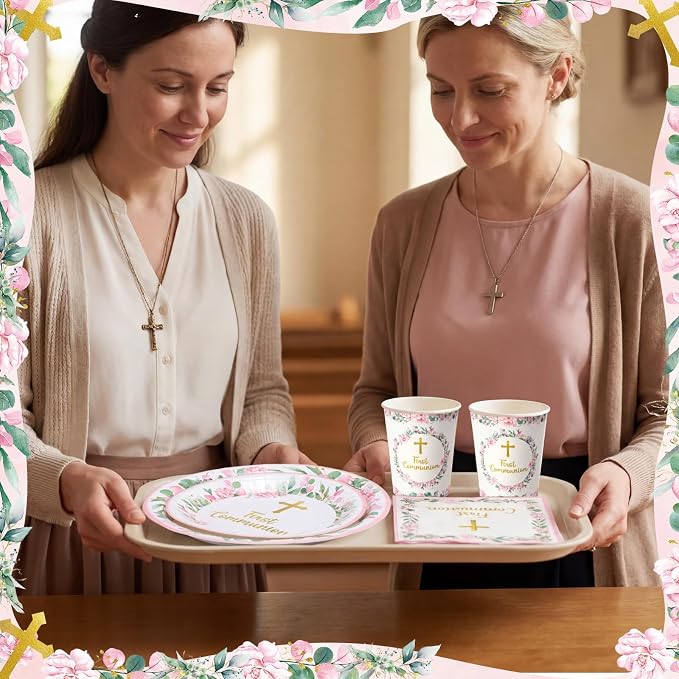 Pickmesh 250 Pcs Pink First Holy Communion Disposable Tableware Set God Bless - Image 5