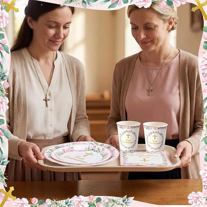 Pickmesh 250 Pcs Pink First Holy Communion Disposable Tableware Set God Bless - Image 5