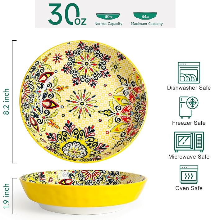 KitchenTour Pasta Bowls Set of 6-30 oz Large Wide & Shallow Serving Bowl - Image 3