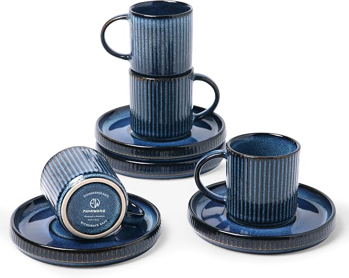 famiware 3oz Espresso Cups and Saucers, Nebulas Blue | Ceramic Small Coffee Mug by Famiware