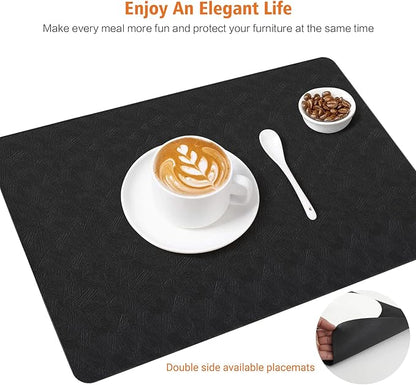 Vinyl Placemats Set of 12 Heat Resistant Easy Clean Non-Slip Place Mats for Dining Table Faux Leather Waterproof Stain Resistant Wipeable Washable PVC Table Mats(12, Black)