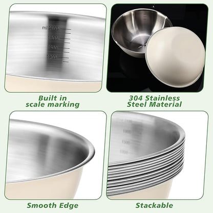 12 Pcs 2.2qt Stainless Steel Mixing Bowls Nesting Metal Prep Salad Bowls with Scale Reusable Baking Cooking Food Soup Storage Organizers for Kitchen Refrigerator