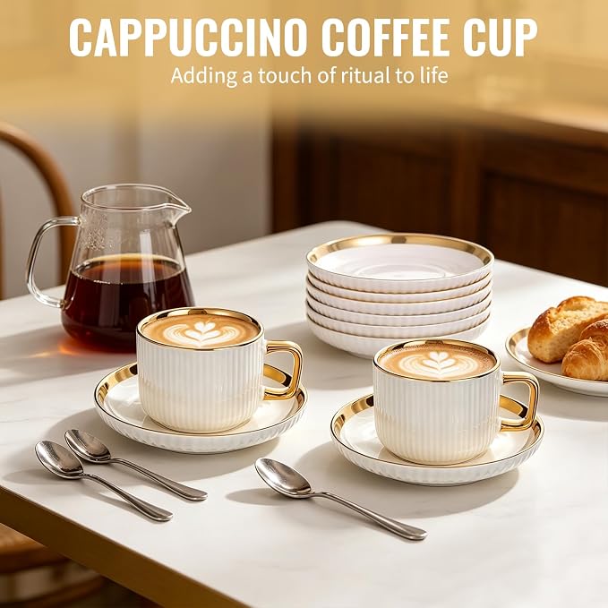 8.5oz Cappuccino Cups with Saucers Set of 6, Ceramic Coffee Cup and Saucer with - Image 7