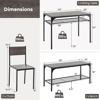 NAFORT Kitchen Table Set for 4, Space-Saving 4-Piece Dining Table Set with Bench and 2 Chairs, Industrial Rectangular Dining Room Set with Storage Shelves for Apartment, Kitchen&Dining, Restaurant