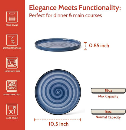 Sweese 10.5 Inch Porcelain Dinner Plates Set of 6, Gradient High Edge Dish Set - Dishwasher, Microwave, Oven Safe, Scratch Resistant, Kitchen Serving Dishes - Cool Assorted Colors