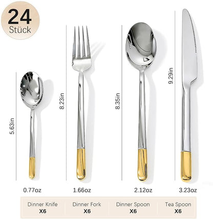 Silverware Set Service for 6, IKXO 24-Piece Modern Stainless Steel Flatware - Image 2