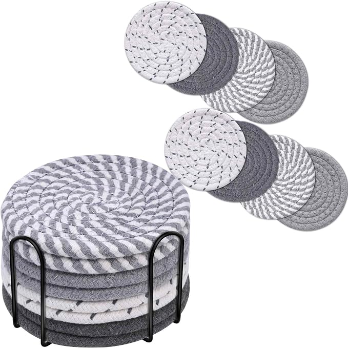 Drink Coasters 8 Pack with Holder, 4-Color Cotton Woven Absorbent Coasters Set by Brillirare