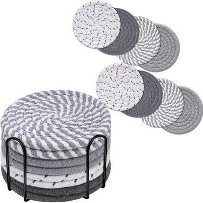 Drink Coasters 8 Pack with Holder, 4-Color Cotton Woven Absorbent Coasters Set by Brillirare