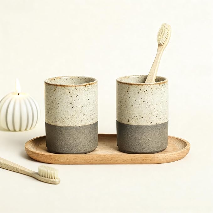 Gaolinci 2 Pcs Vintage Stoneware Style Ceramic Mouthwash Cups, Bathroom - Image 3