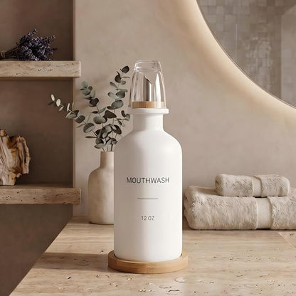 Glass Mouthwash Dispenser for Bathroom, Stainless Steel & Bamboo Nozzle - Image 2