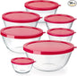 7 Stackable Space-Saving Nesting Glass Bowls with Pink Lids for Foodprep, Storage, Baking, Mixing & Cooking, Microwave Safe - Durable Inert Borosilicate Glass