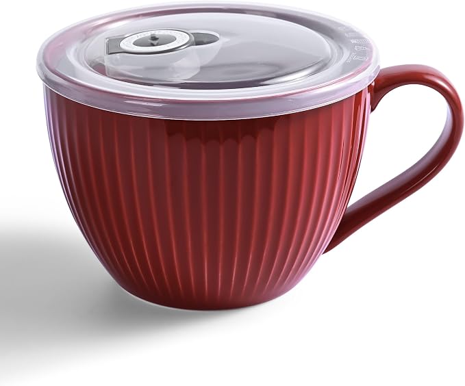 24oz Soup Mug with Handle & Lid, Microwave Soup Bowl/Cup, Burgundy Red | by Hoilse