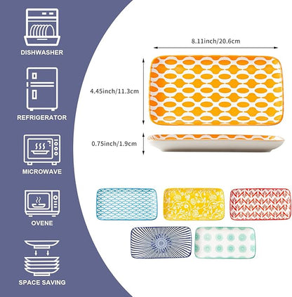 Ceramic Rectangle Salad Plates Set - 8.1" x 4.5" Rectangular Serving Platter - Serving Trays for Sushi Dinner Dessert Pasta Appetizer - Microwave Dishwasher Safe - Set of 6 - Assorted Colors