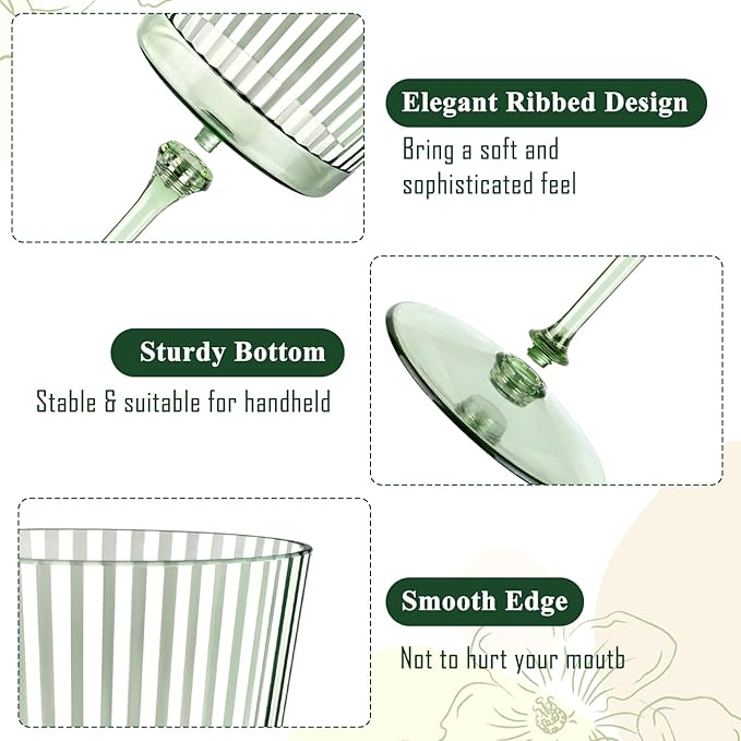 48 PCS Green Plastic Wine Glasses with Removable Stems 13.5 Oz Ribbed Wine Glasses Square White Wine Glass Muted Pastel Colors Goblets Elegant Fluted Glassware for Wedding Anniversary Birthday