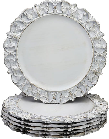 13" Antique White Charger Plates, Set of 6 Plastic Textured Chargers for Dinner Plates with Embossed Rim, Table Décor, Party, Wedding, Holiday